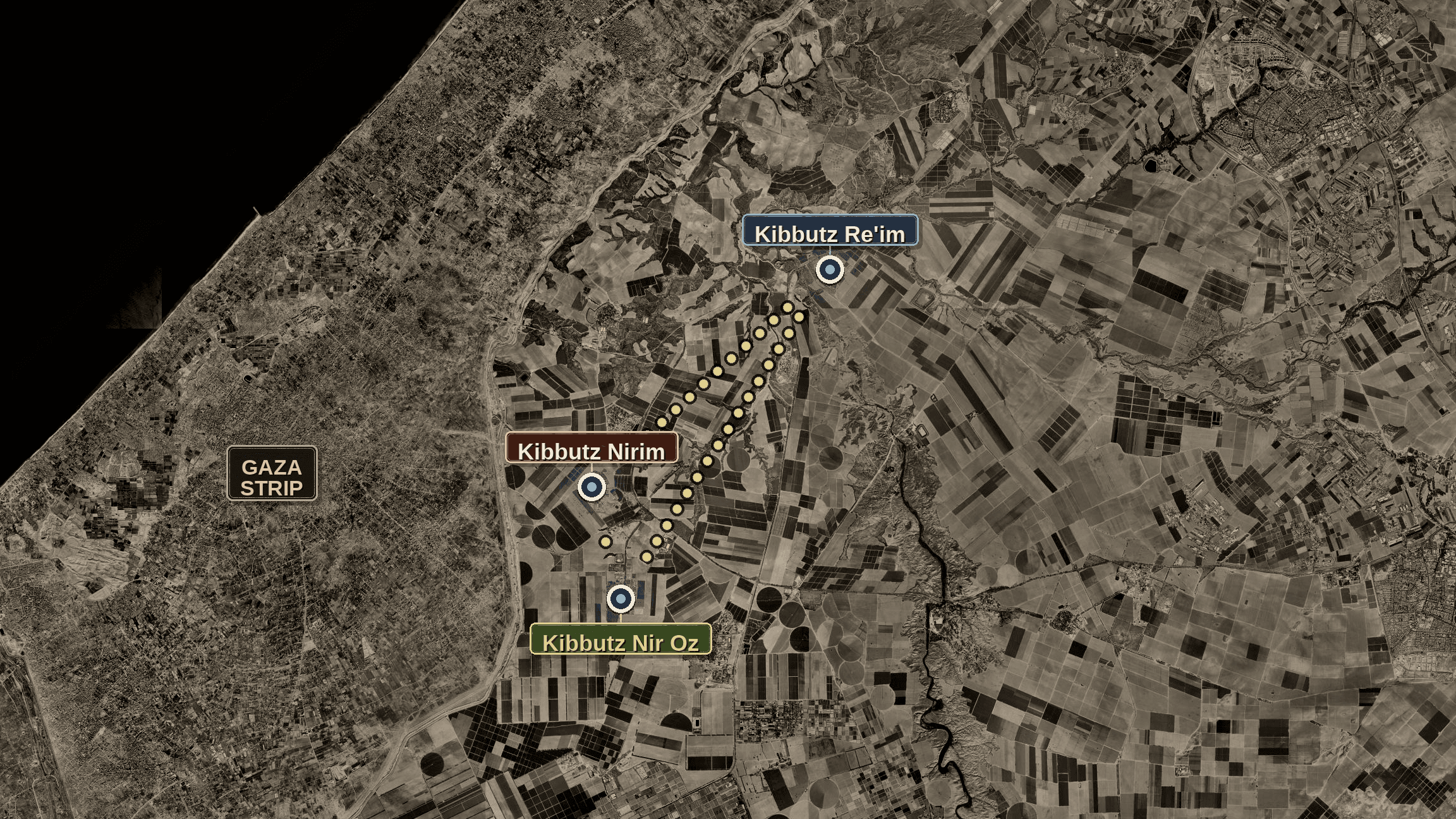 Satellite map showing Kibutz Reim, Kibutz Nirim, and Kibutz Nir Oz