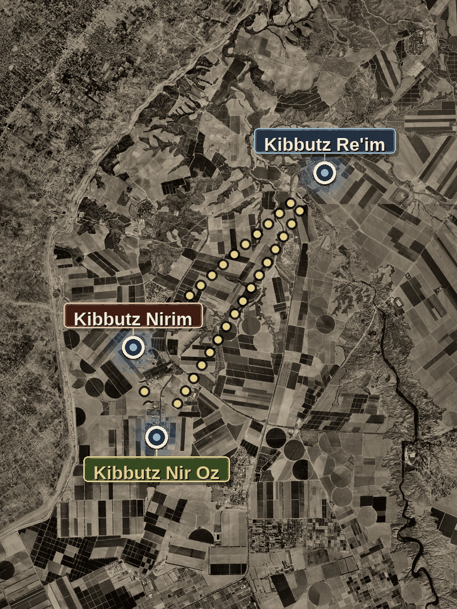 Satellite map showing Kibutz Reim, Kibutz Nirim, and Kibutz Nir Oz